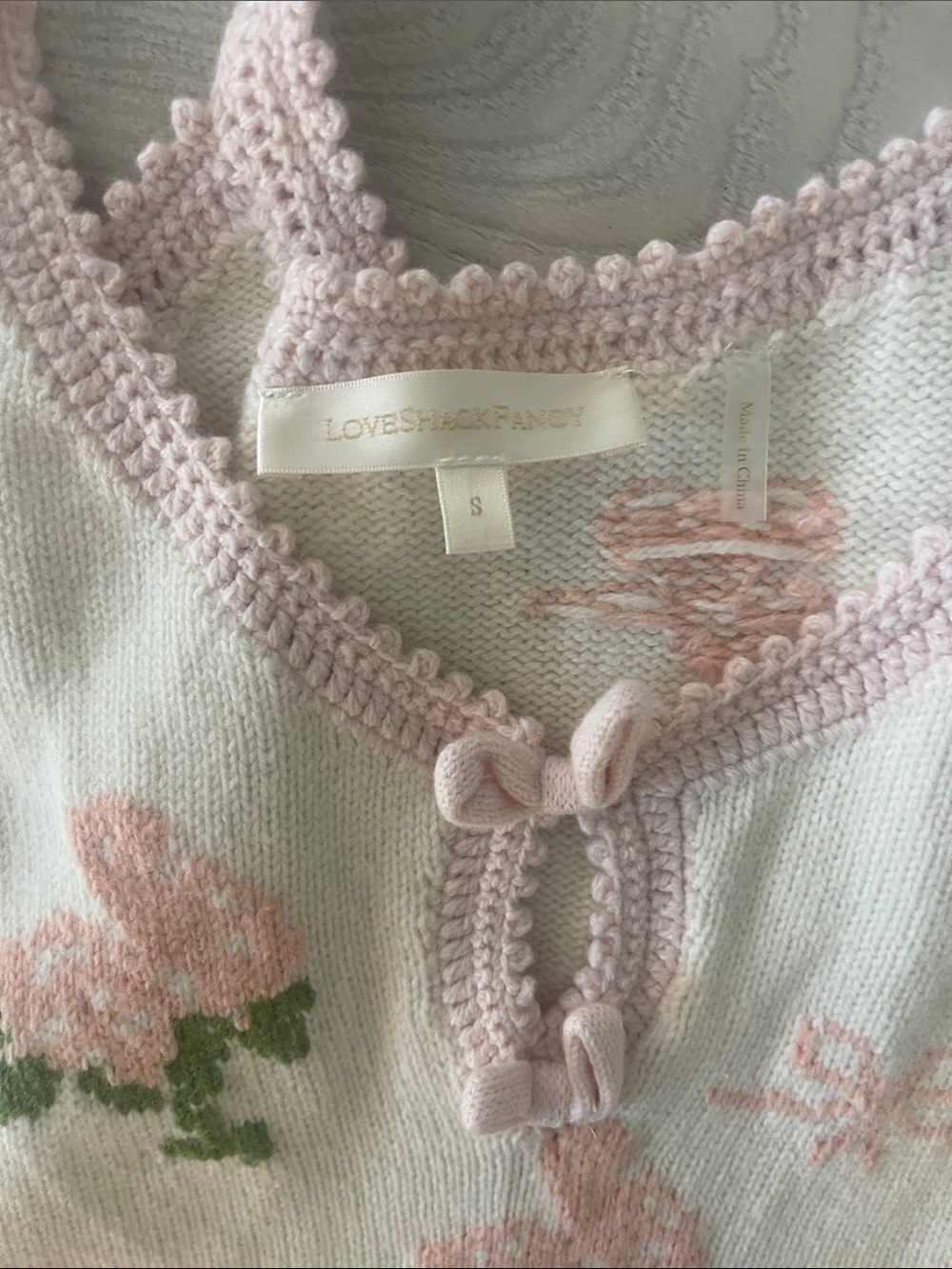 LoveShackFancy White Knit Dress with Pink Floral Bows - Picture 8 of 10